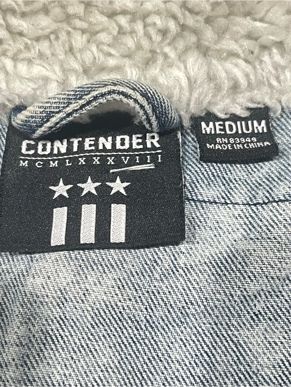 MCMLXXD VIII Contender Brand Men’s Distressed Sherpa Collar Denim Jacket Size M